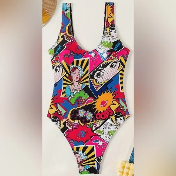 Multicolor Cartoon Print Backless Brazilian One Piece Swimsuit - Picture 5 of 8